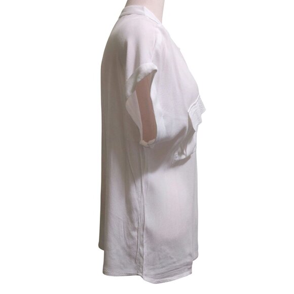 NWT Voy White Rayon Short Sleeve Blouse With Pockets & Mandarin Collar~SMALL - Picture 3 of 8